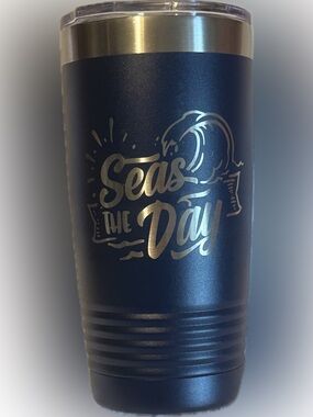 Navy Stainless Tumbler With 'Seas the Day' Laser Engraved